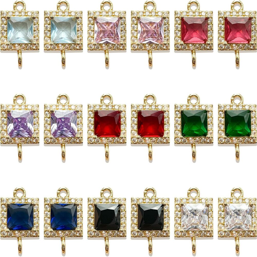 3208 18Pcs Square Birthstone Connectors Links Charms Around Full Zircon